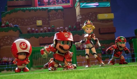 Mario Strikers Battle League Roster: Mario, Peach, and Luigi can be seen alongside Toad
