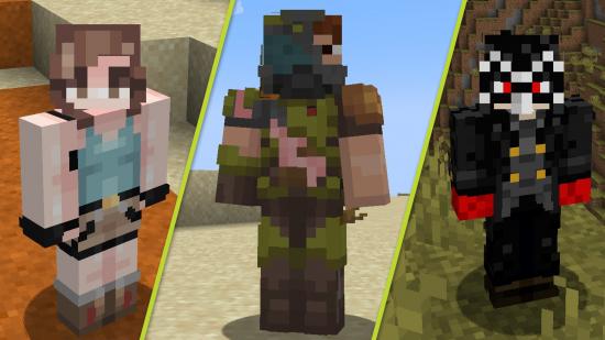 MC Minecraft videogame skins: Lara Croft, Doom Guy, and Joker merge into the same world in this thumbnail