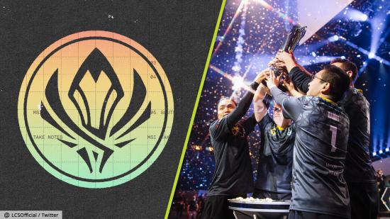 MSI 2022 EG Grandmaster soloq: the League of Legends MSI 2022 logo next to Evil Geniuses lifting the LCS trophy
