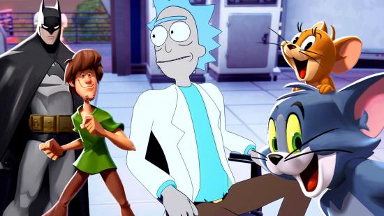 MultiVersus Character leaks: An image of Rick from Fortnite and artwork of Batman, Shaggy, and Tom and Jerry from MultiVersus