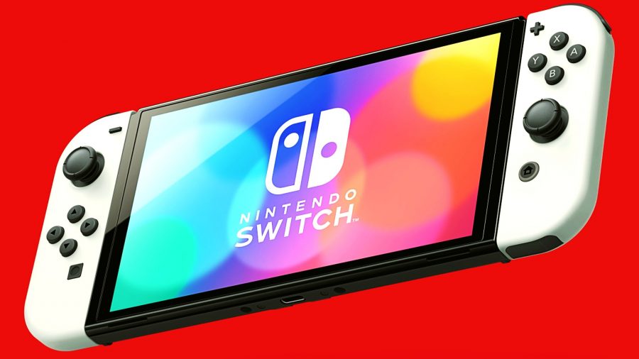 Nintendo Switch: A Nintendo Switch OLED model on a red background