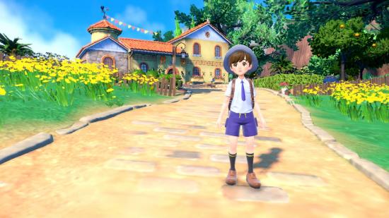 Pokemon Scarlet and Violet Trailer Announcement June 1: A trainer can be seen on a path with a house behind them.