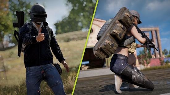 PUBG update 17.2: A split image of a PUBG character doing a thumbs up emote and another crouched with their weapon drawn wearing a large backpack