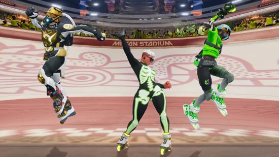 Roller Champions Battle Pass Explained: Three skaters can be seen celebrating in an arena.