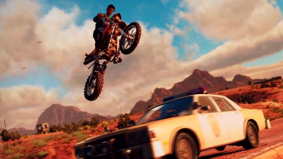 Saints Row preview event: We see a Saints Row character riding a motorbike and performing a jump of a speeding police car