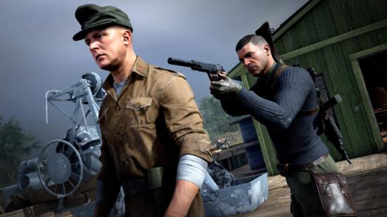 Sniper Elite 5 Weapons: Karl can be seen aiming a gun at a soldier's head from behind