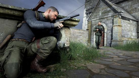 Sniper Elite 5 WW2 setting: A soldier crouches behind cover with a gun drawn as an enemy soldier approaches