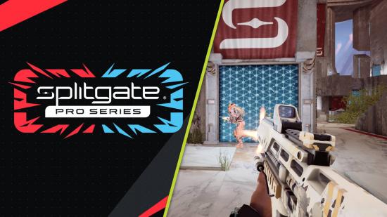 Splitgate Pro Series T1 eUnited Luminosity, and more: The Splitgate Pro Series logo can be seen, alongside an image a player shooting another person.