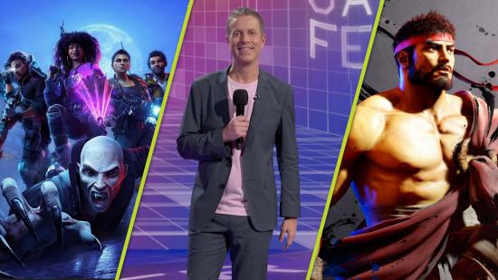 Summer Game Fest Schedule: The cast of Redfall can be seen, alongside Ryu, in between them is Geoff Keighley