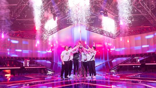 Valorant Champions Tour LANs: OpTic Gaming lift the VCT Stage 1 Masters trophy as sparks fall down from the ceiling