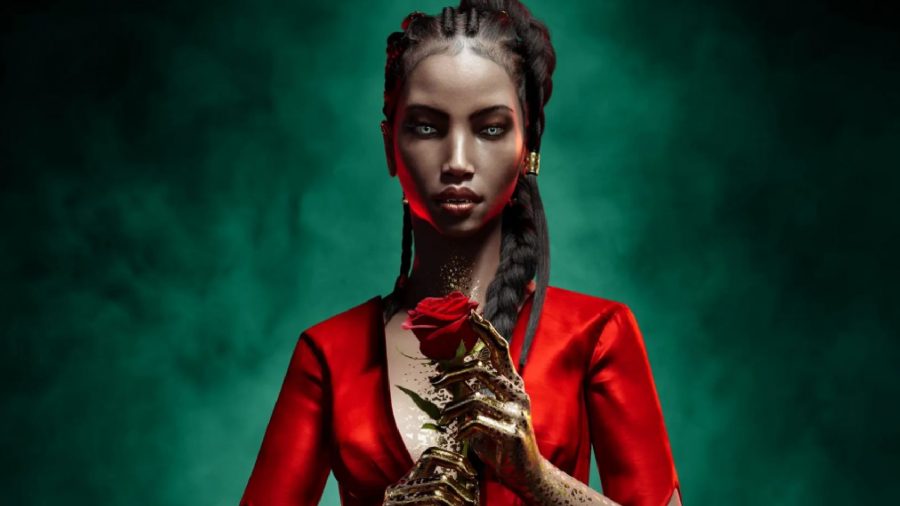 Vampire The Masquerade Swansong - Emem can be seen holding a rose against a green smoky background.