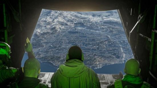 Warzone 2 map: A Warzone squad look out of the back of a cargo plane at the map below
