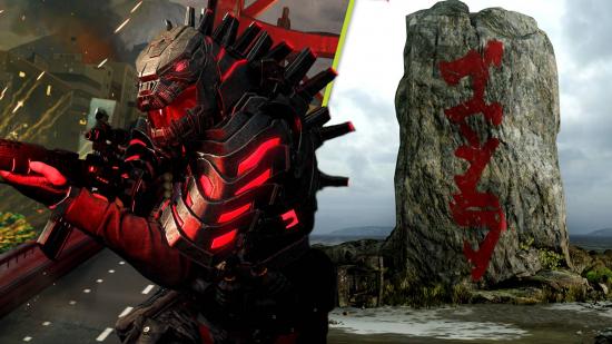 Warzone Operation Monarch Start Time: Two images, one of a stone monolith and one of Mechagodzilla