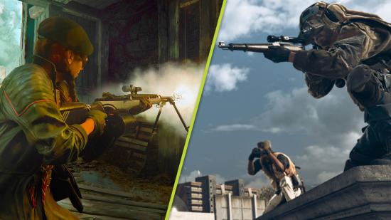 Warzone sniper meta season 3: a split image of two Warzone operators wielding snipers. One is firing from the hip while the other is aiming down the scope