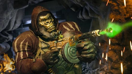 Warzone Season 3: A Warzone operator in a gold gorillas mask fires a submachine gun