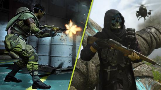Warzone Season 3 weapon balancing: A split image of a Warzone operator firing their weapon behind some white barrels, and a hooded operator holding a weapon with a helicopter hovering above
