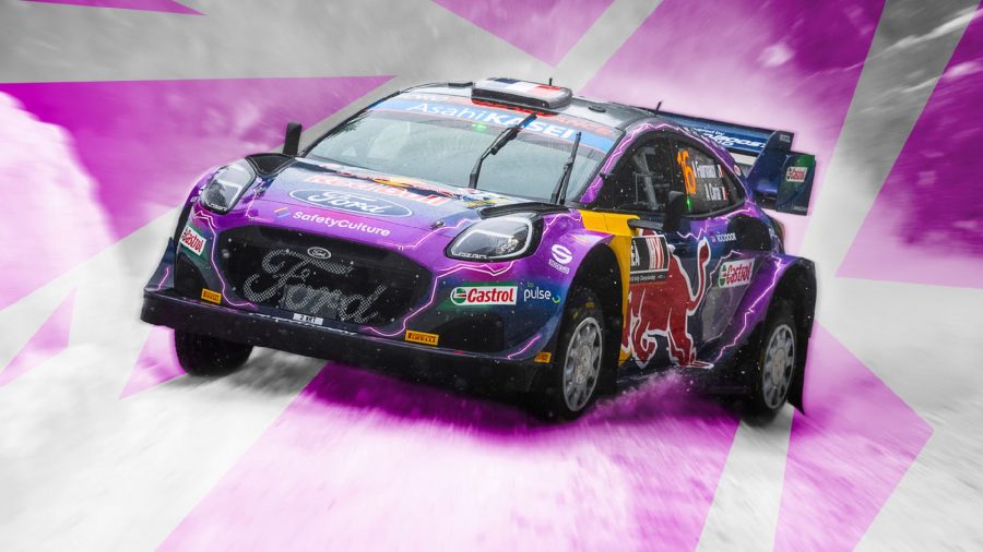 WRC Generations: A car can be seen racing against smoke and a purple set of lines
