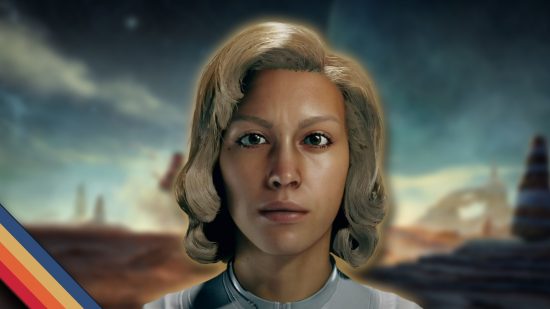 Starfield character creation: A female player-made character looking directly at the camera. A blurred background of promotional art can be seen in the background.