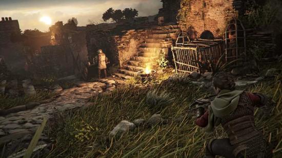 A Plague Tale Requiem Gameplay Stealth Focus: Amicia can be seen hunting a soldier.