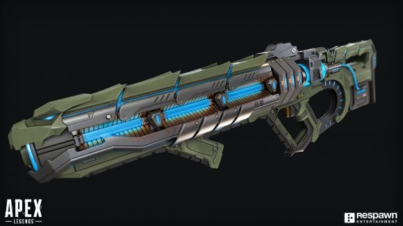 Apex Legends Awakening Collection Event weapon skins Havoc: An image of artwork for an energy assault rifle with a blue barrel core
