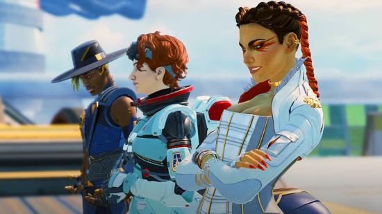 Apex Legends control mode: Loba, Horizon, and Seer from Apex Legends stand in a line and look off to the distance