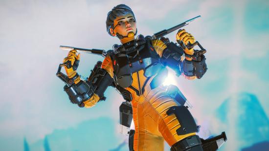 Apex Legends mantle jumping: Valkyrie floating in the sky wearing her yellow flight suit