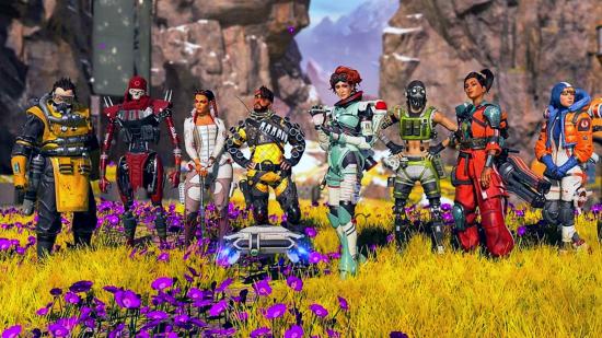Apex Legends ranked mode: A selection of characters from Apex Legends stand in a line in a yellow grassy field