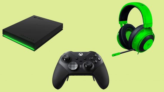 Best Xbox accessories arranged in a triangular formation, including a controller, a headset, and an external hard drive.