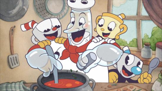 Cuphead The Delicious Last Course Gameplay Trailer: Mugman, Cuphead, and Ms. Chalice can be seen watching Chef Salt Baker cook.