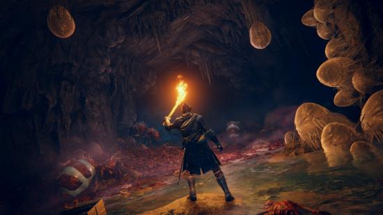 Elden Ring patch 1.05 notes: A player holds up a flaming torch to light up a cave full of egg-like creatures on the walls