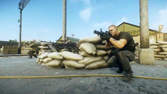Escape From Tarkov event Toxin TG 12: A squad opens fire in EFT. Two are crouched in the open, one is behind some sandbags