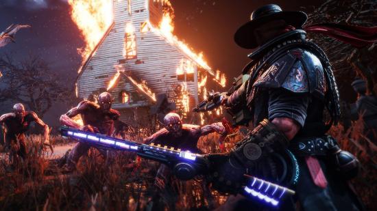 Evil West Release Date Trailer: The protagonist can be seen holding a weapon fending off demons
