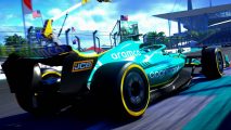 F1 22 F1 Life location online lobby: The rear end of an Aston Martin F1 car in-game