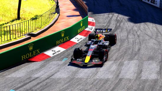 F1 22 Review: An arieal shot of a Red Bull car on Monaco