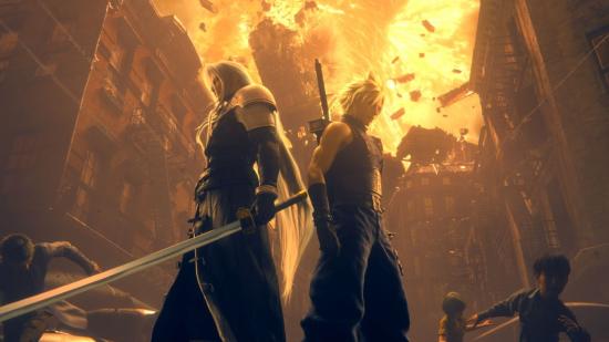 Final Fantasy 7 Remake Part 2 Rebirth Announcement: Sephiroth and Cloud can be seen standing by one another.