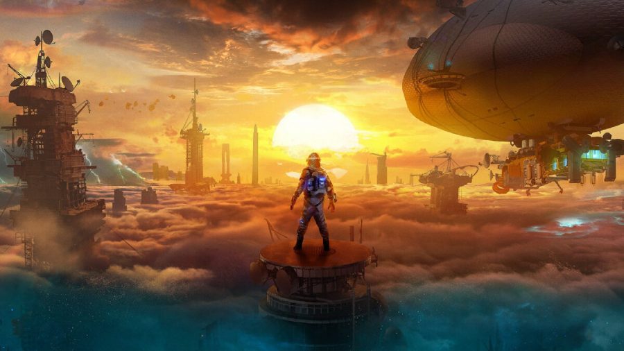 Forever Skies: A man can be seen standing over a ecologically destroyed world, with tall towers in the background and a large ship