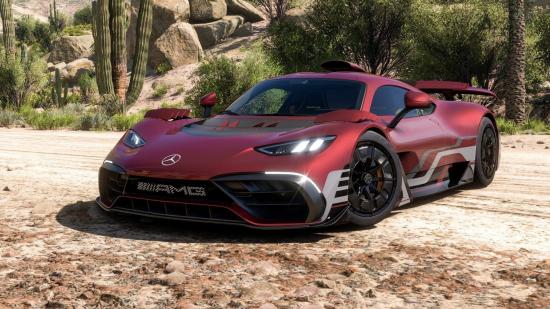 Forza Horizon 5 player count: A red Mercedes sports car parked on a dirt road with cacti in the background