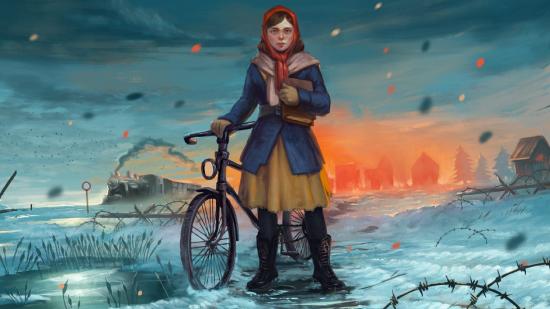 nintendo switch gerda a flame in winter danish resistance fighter pushing bicycle in the snow