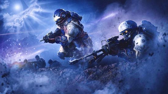 halo infinite skins inflation spartans holding weapons against blue and starry background
