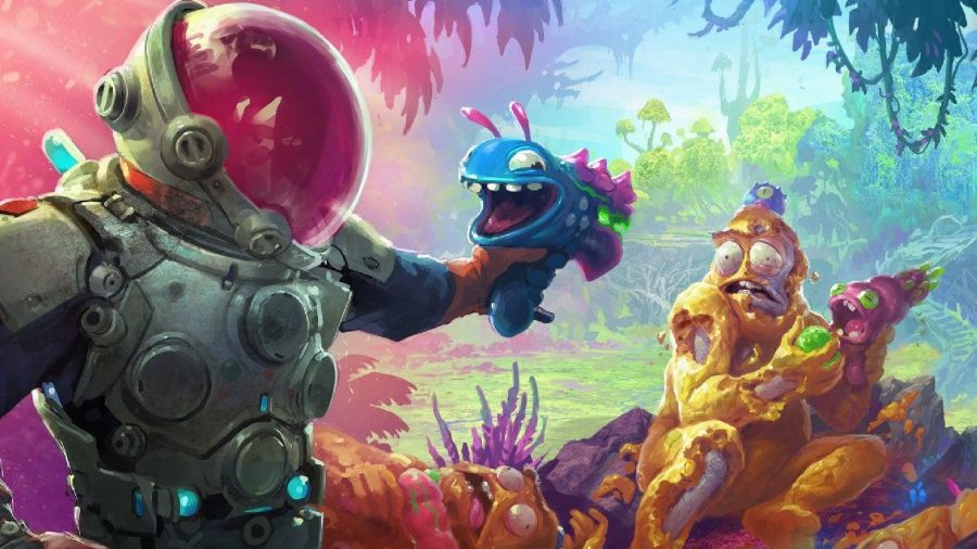 High On Life: An astronaut can be seen holding a creature with a gross planet in the background