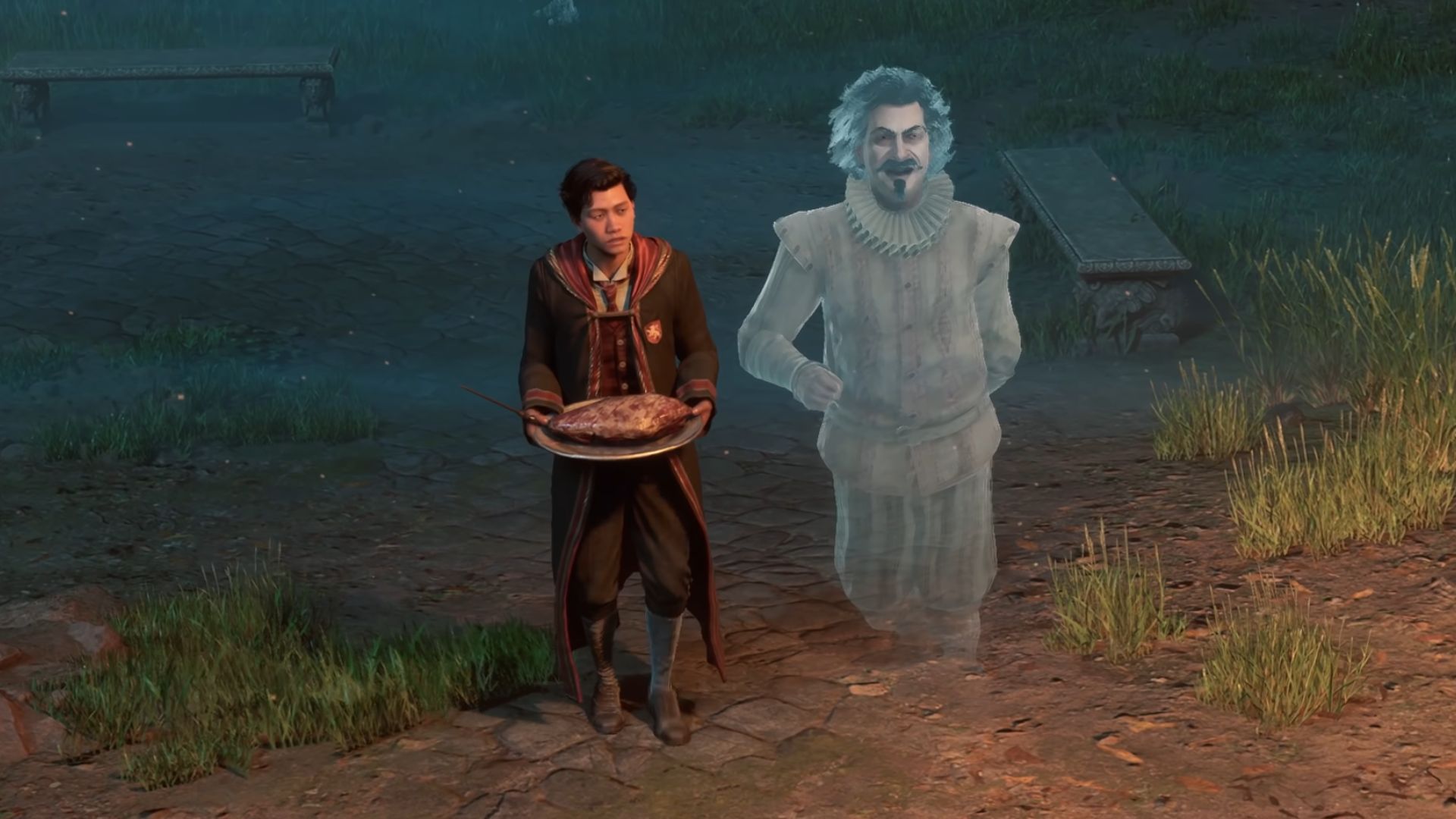 Hogwarts Legacy Characters: Nearly Headless Nick is shown with the player