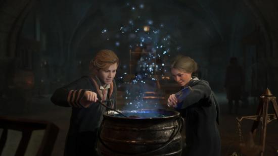 Hogwarts Legacy Gameplay: Two wizards can be seen brewing something in a cauldron
