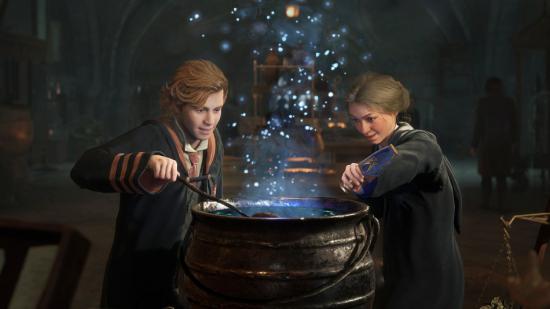Hogwarts Legacy Special Collector's Edition Items: Two students can be seen concoting something in a cauldron.