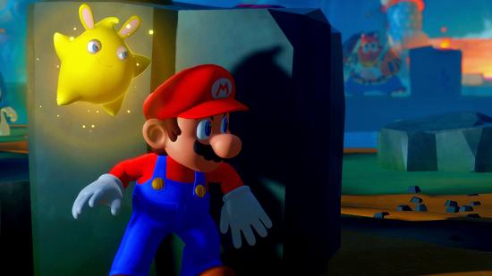 Mario + Rabbids Sparks of Hope new heroes DLC Confirmed: an image of Mario hiding behind a pillar of rock