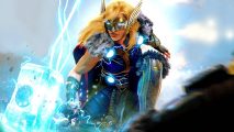 Marvel's Avengers Mighty Thor Jane Foster: An image of Jane Foster slamming Mjolnir down