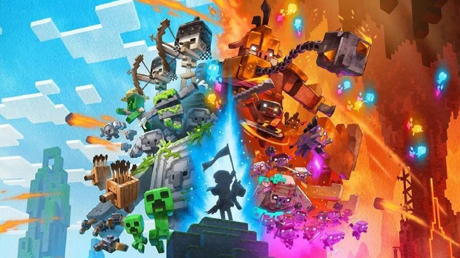 Minecraft Legends: A player can be seen looking up at a variety of enemies and characters in art for the game.