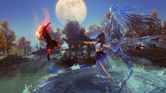 Naraka Bladepoint new map: Two heroes from Naraka Bladepoint battle each other mid air. One has a red sword, the other casts a water ability resembling a mermaid