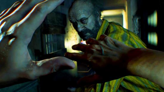 Resident Evil PS5 Upgrade PSN database: an image of the old man from RE7 punching Ethan