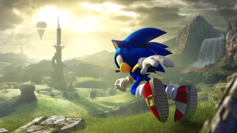 Sonic Frontiers: Sonic can be seen running across the open landscape.