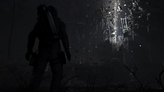 Stalker 2 opening: A person looks up at a beam of bright light surrounded by floating rocks and debris
